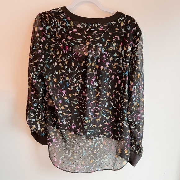 DKNY | Faux Wrap Chiffon Overlay Black and Multicolour Blouse Size S - Picture 2 of 4